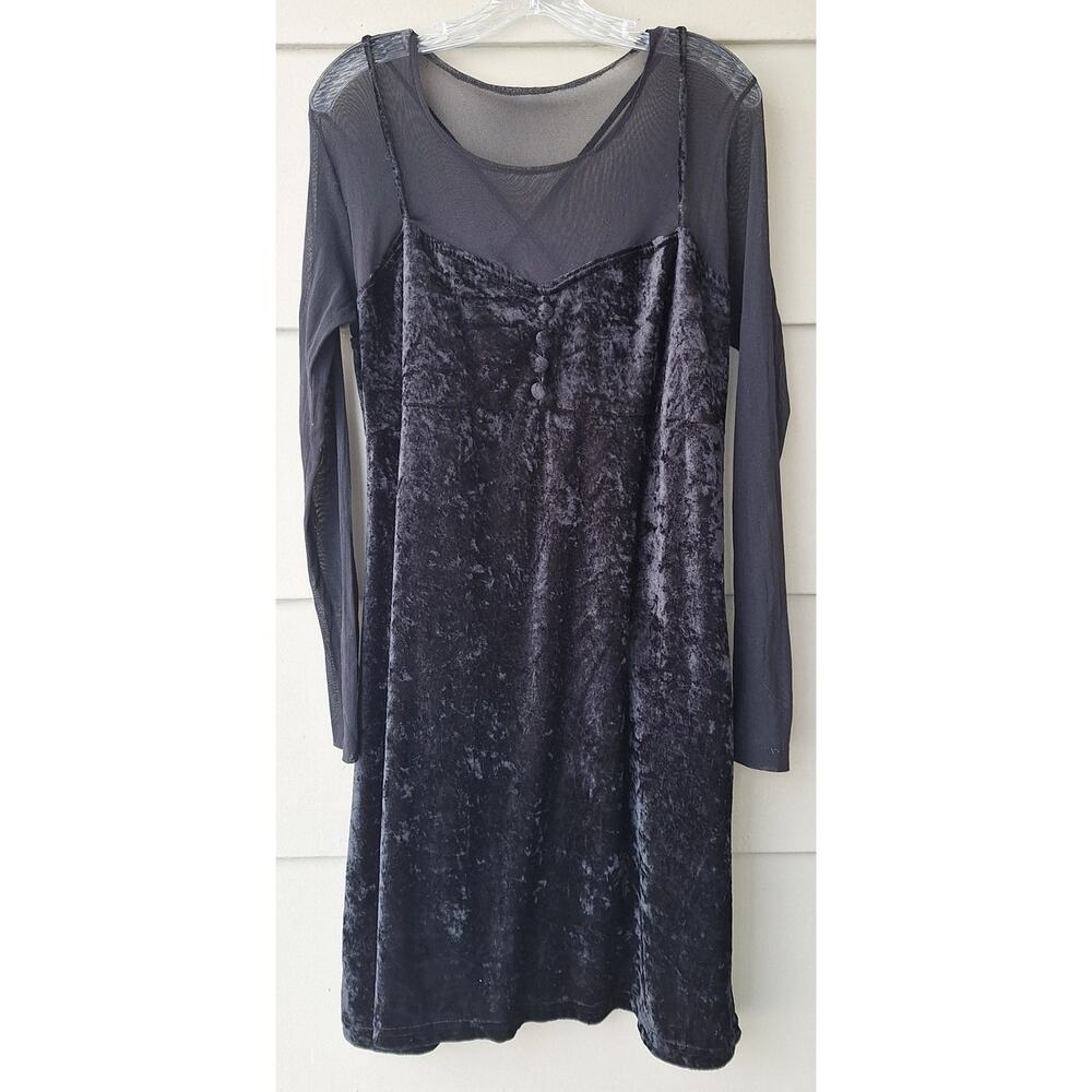 Vintage City Triangles 90s Y2K Black Velour Mesh Dress Goth Emo Dark Fits L